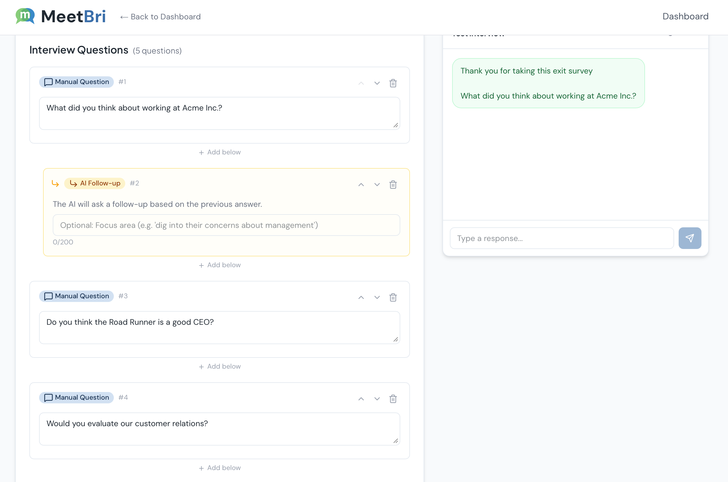 MeetBri self-service campaign builder — create questions and preview your AI interview